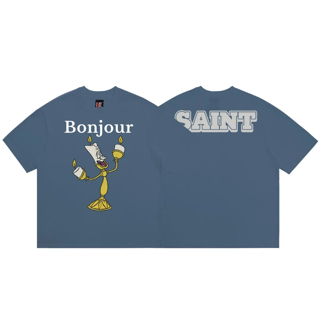 Saint michael 25AW Disney co-branded small candle retro printed distressed loose round neck short-sleeved T-shirt with digital white ink direct printing, breathable fabric and clear three-dimensional pattern. Fabric: Double yarn 240g Style number: S931 Size: S-M-L-XL Color: Blue Price: P110